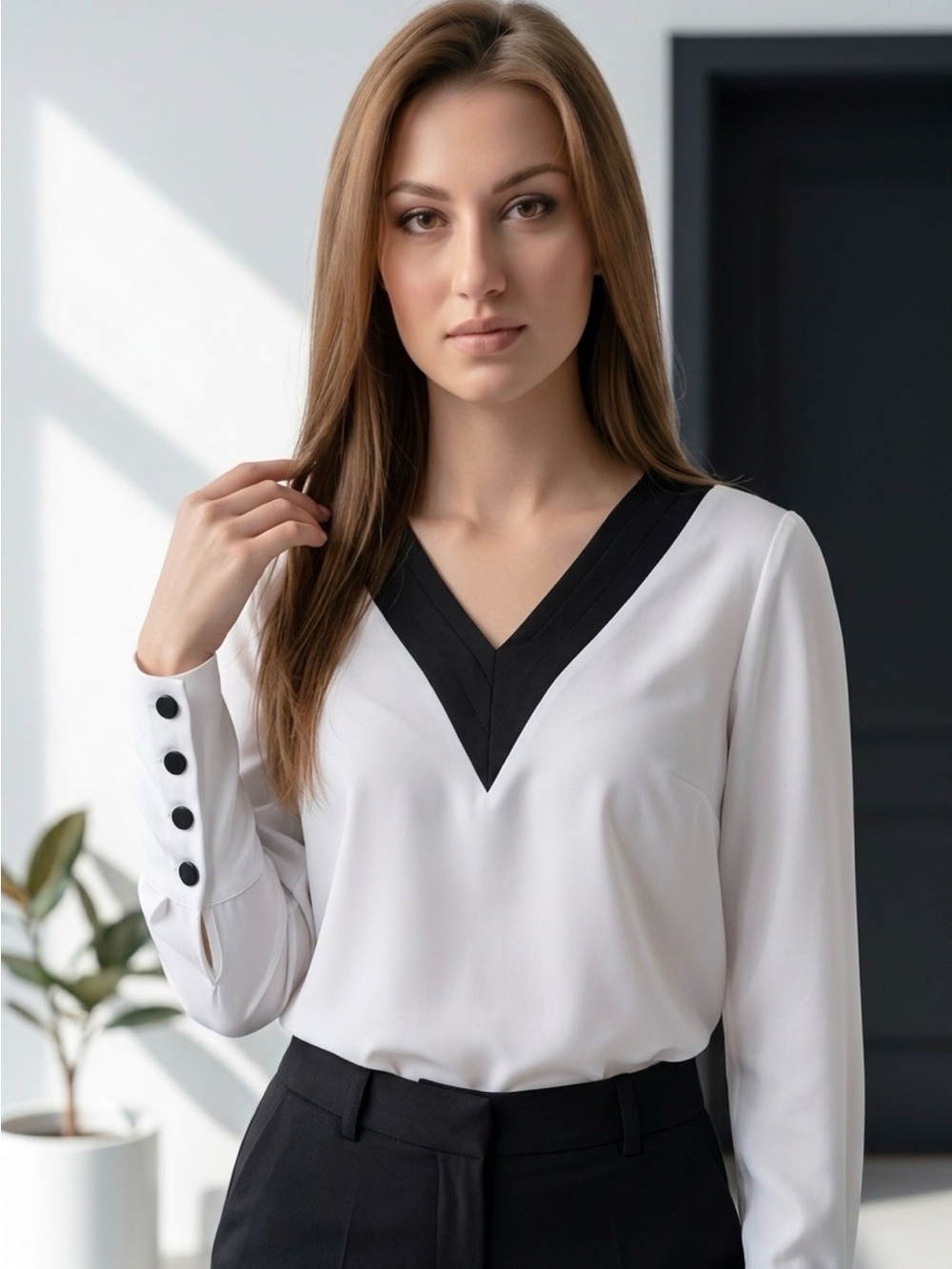 Women’s White V‑Neck Blouse with Black Trim